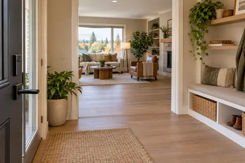 Warm home entry with an uncluttered step-free route, lever handle and useful lighting