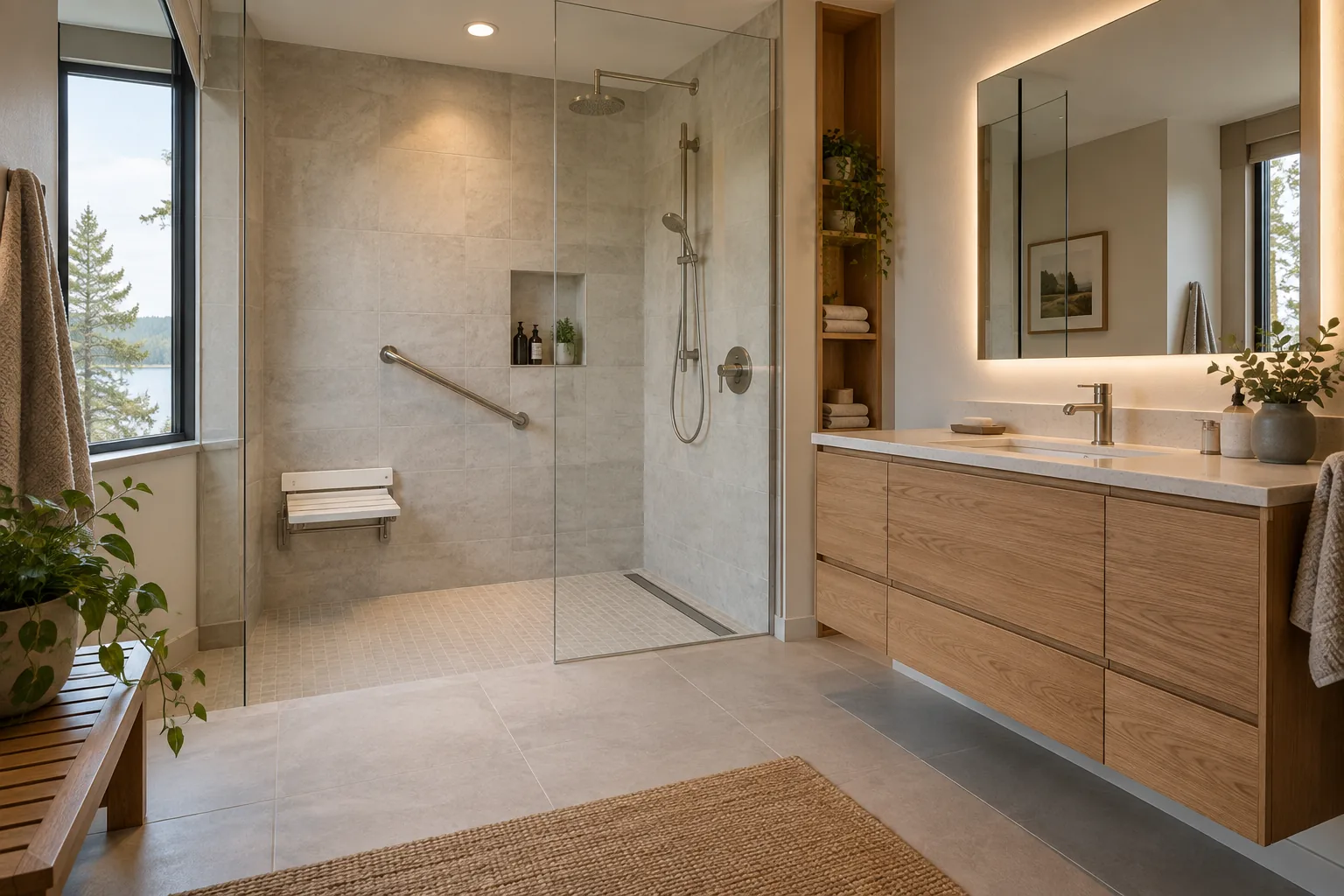 Tiled bathroom with a flush shower, supportive grab bar, fold-down seat and oak vanity