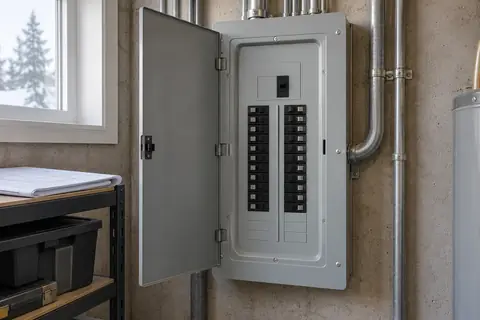 Residential electrical panel with an intact protective deadfront and enclosed breaker handles