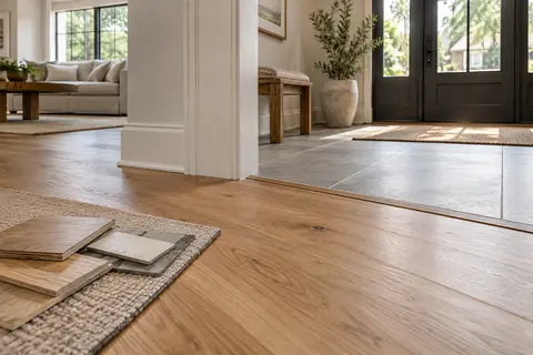Oak floor meeting a tiled entry at a carefully finished threshold