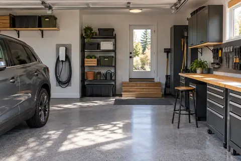 Organized garage with a protected EV charger, workbench and clear walking space