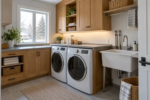 Organized laundry room with appliances, utility sink, storage and useful lighting