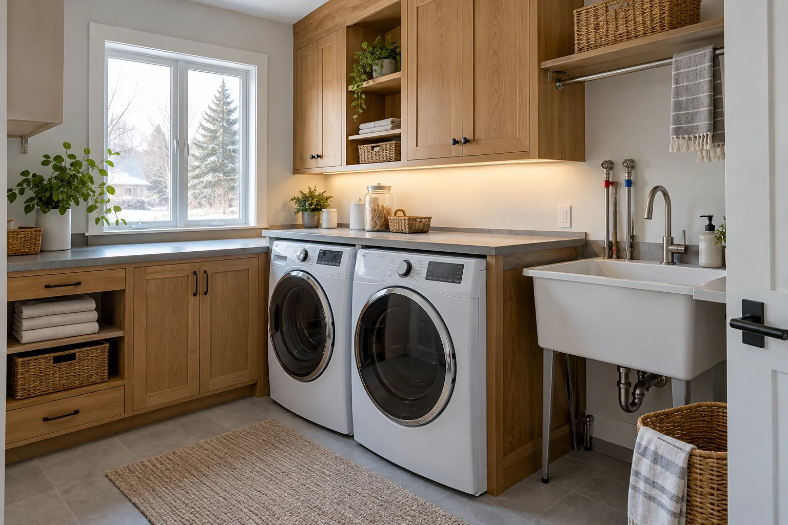 Organized laundry room with appliances, utility sink, storage and useful lighting
