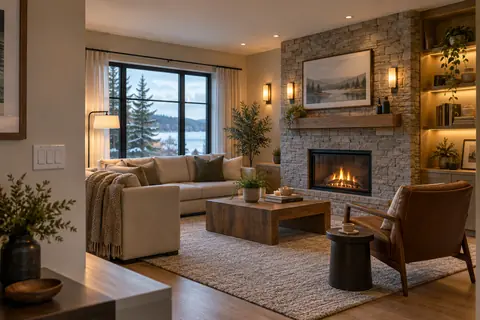 Living room with layered sconces, task lamps and discreet shelf lighting