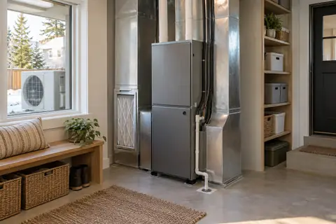 Domestic heating equipment with accessible ductwork, a filter location and a visible outdoor heat-pump unit