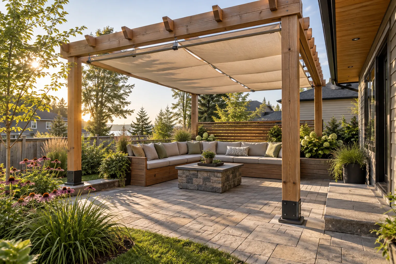 Cedar pergola with a fabric shade canopy over a landscaped stone patio