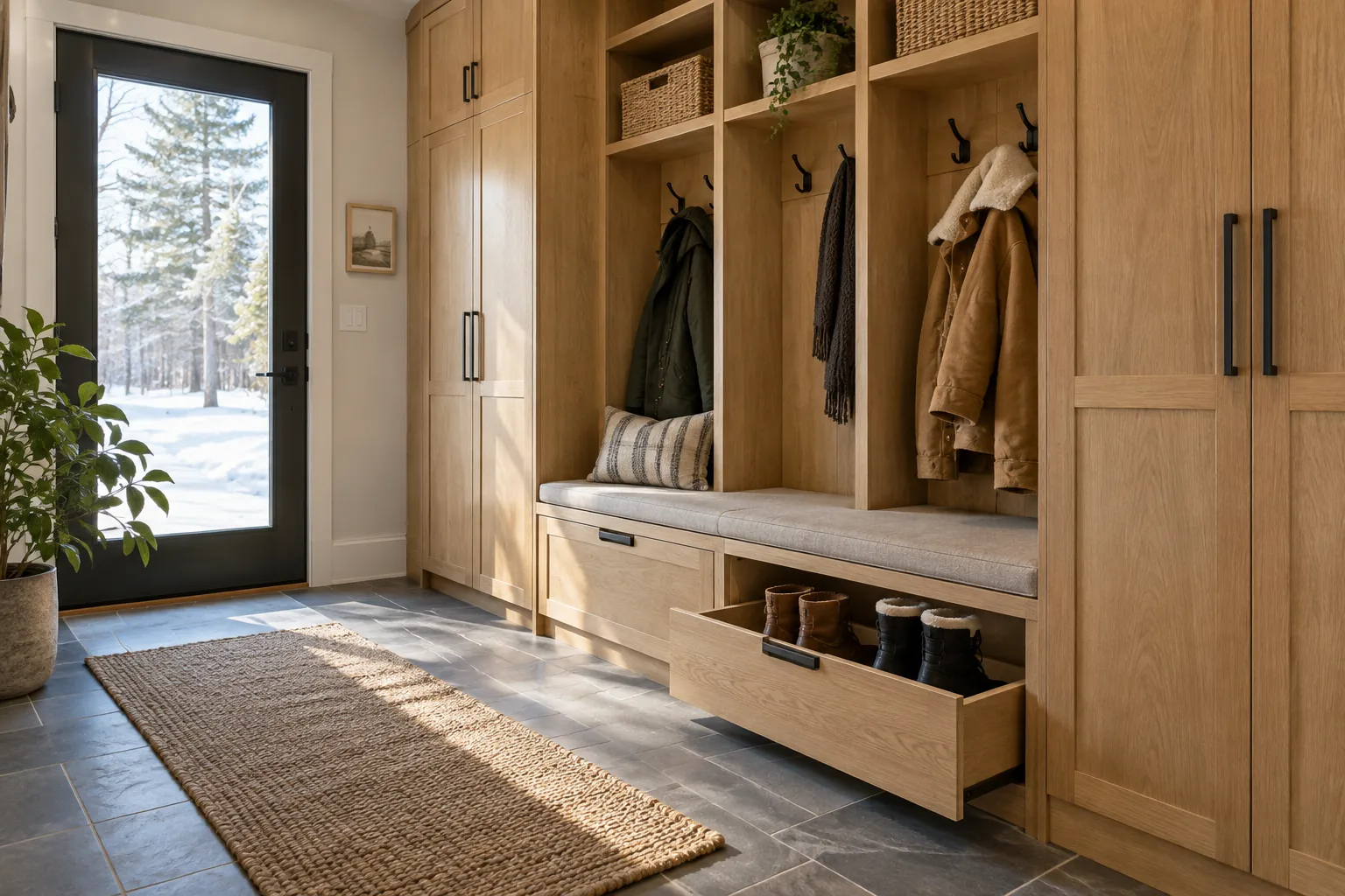 Oak mudroom storage with fitted cubbies, a bench and a pull-out boot drawer